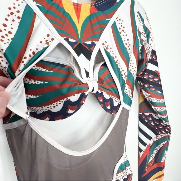 BFYNE One Piece Bathing Suit Long Sleeve Mesh Cut Out Medium EUC - Picture 3 of 11